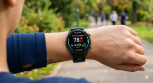 Ceas inteligent afisand ritmul cardiac si pasii efectuati pentru monitorizarea precisa a sanatatii